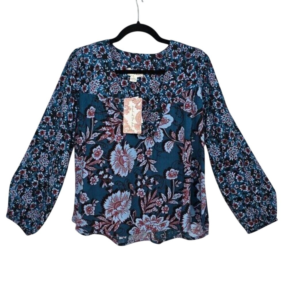 Band of the Free Womens Peri Blue Floral Balloon Sleeve Boho Blouse XS W3K26483C